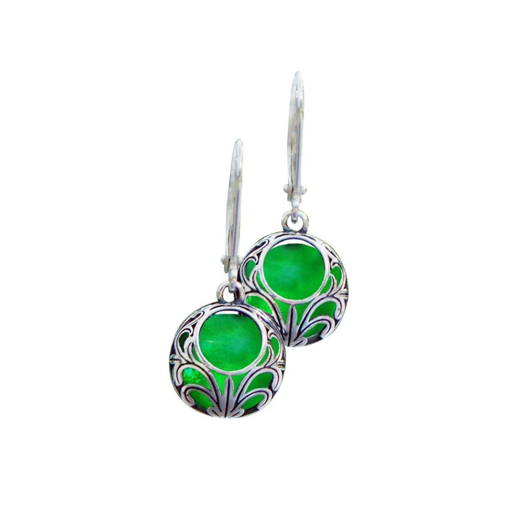 Recycled Vintage 1960's Emerald Green Beer Bottle Glass Vintage Lace Earrings